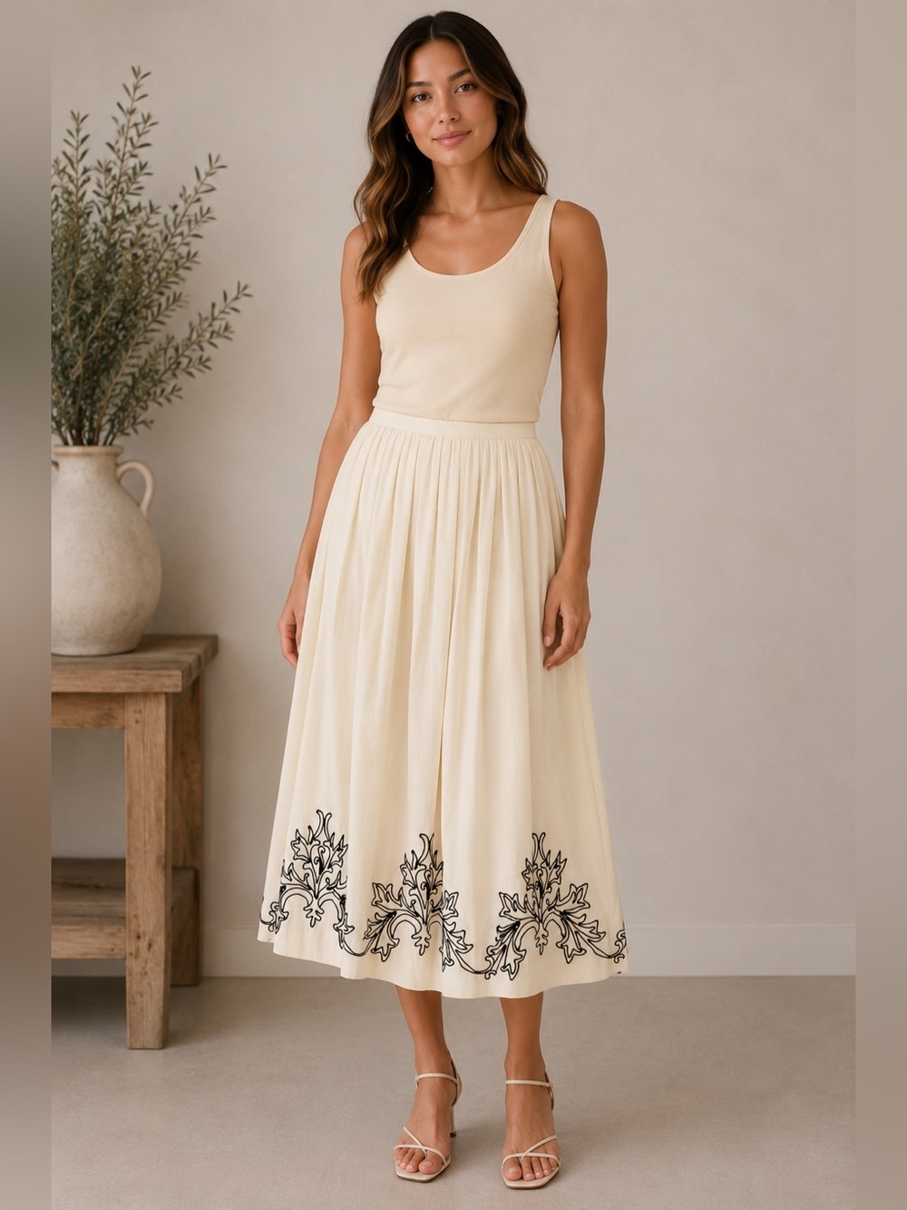 Silk Maxi Skirt Embroidery Pleated Flowy Romantic Cream Maggy London Size 10